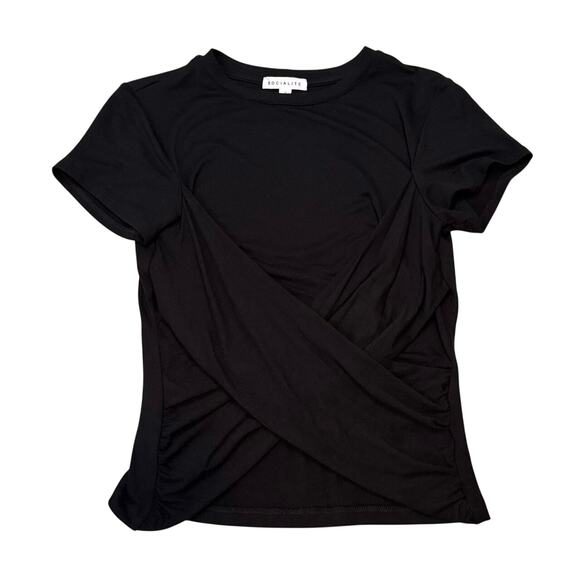 Socialite Tops - Socialite Black Ruched Wrap Front Top Short Sleeve Stretch Tee S